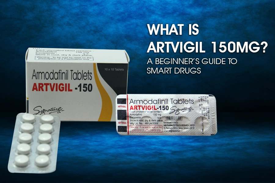 Artvigil 150 mg Armodafinil Tablets pack and strips with text What is Artvigil 150mg A Beginner’s Guide to Smart Drugs
